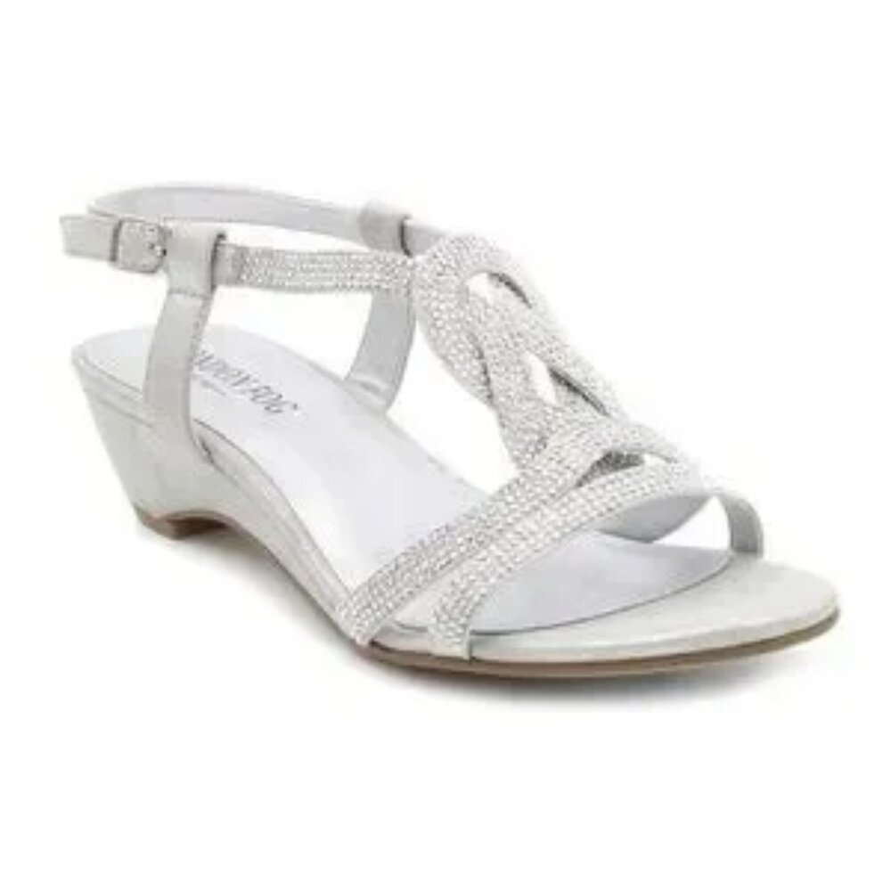 London Fog MACEY 1.5" Demi-Wedge Silver Fabric, Rhinestone Dress Sandals NWT 9.5